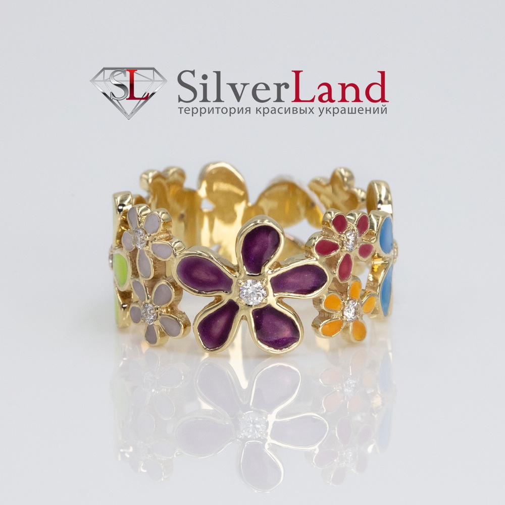 Золотое кольцо с цветами с эмалью и бриллиантами Арт. YZ715, Белый