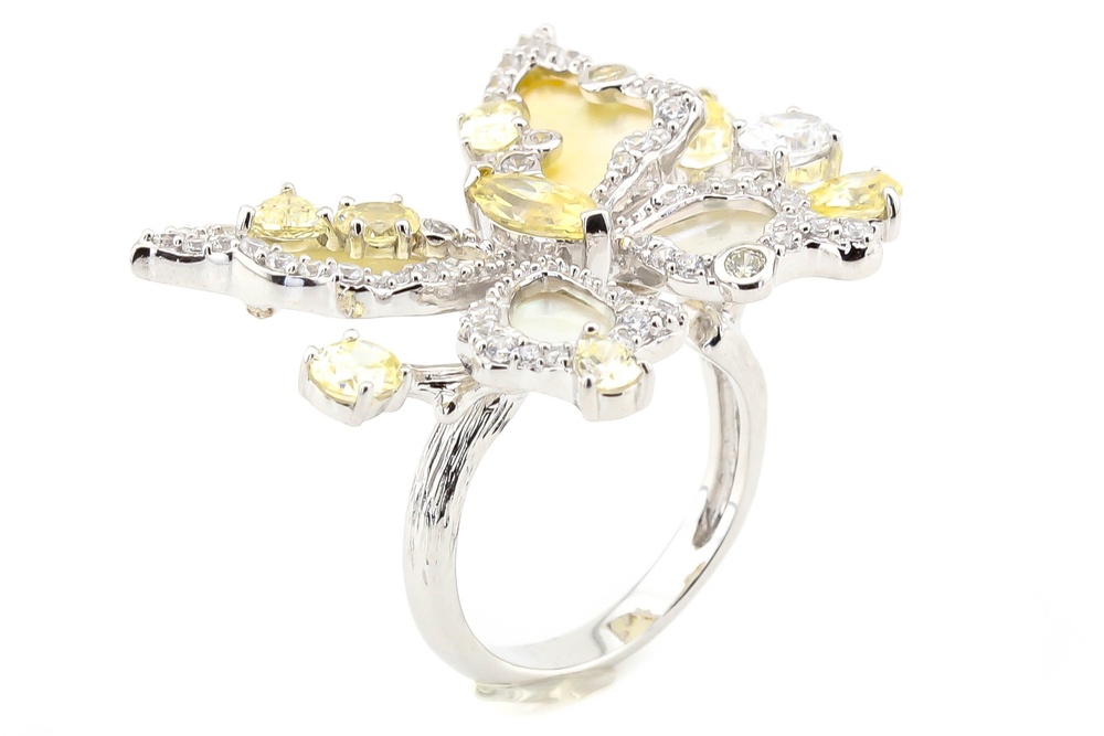 Серебряное кольцо "Бабочка" с перламутром желтыми и белыми фианитами СК11150, 18 размер, 18, Желтый|Белый