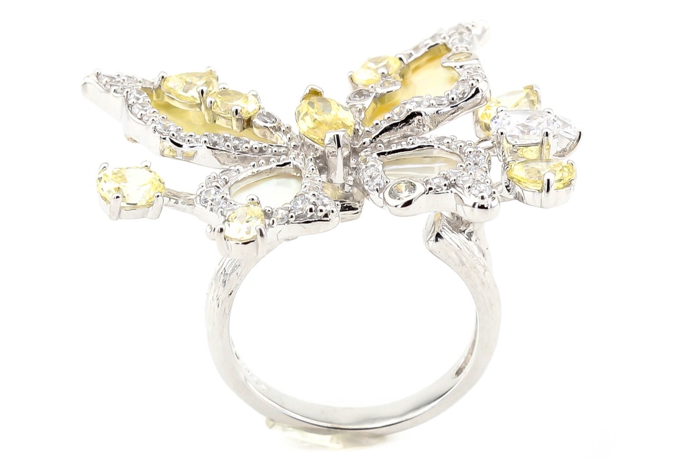 Серебряное кольцо "Бабочка" с перламутром желтыми и белыми фианитами СК11150, 18 размер, 18, Желтый|Белый