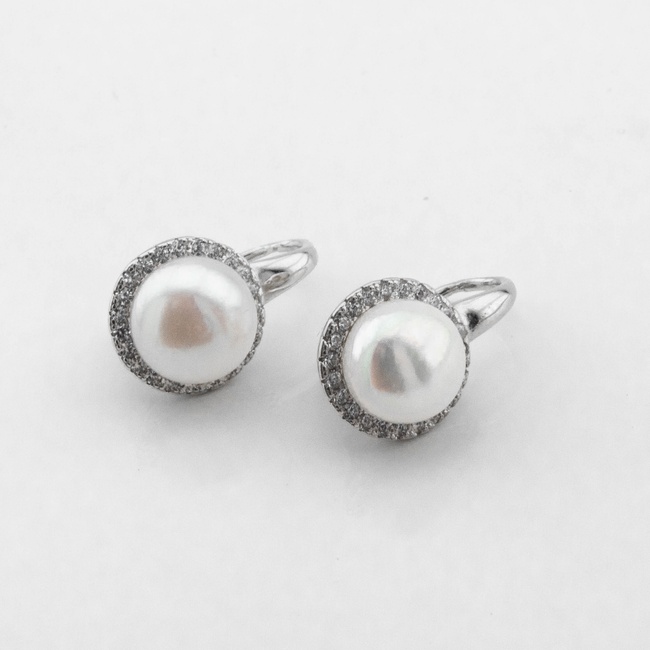 Серебряные сережки Жемчужины с жемчугом фианитами c121706, Белый