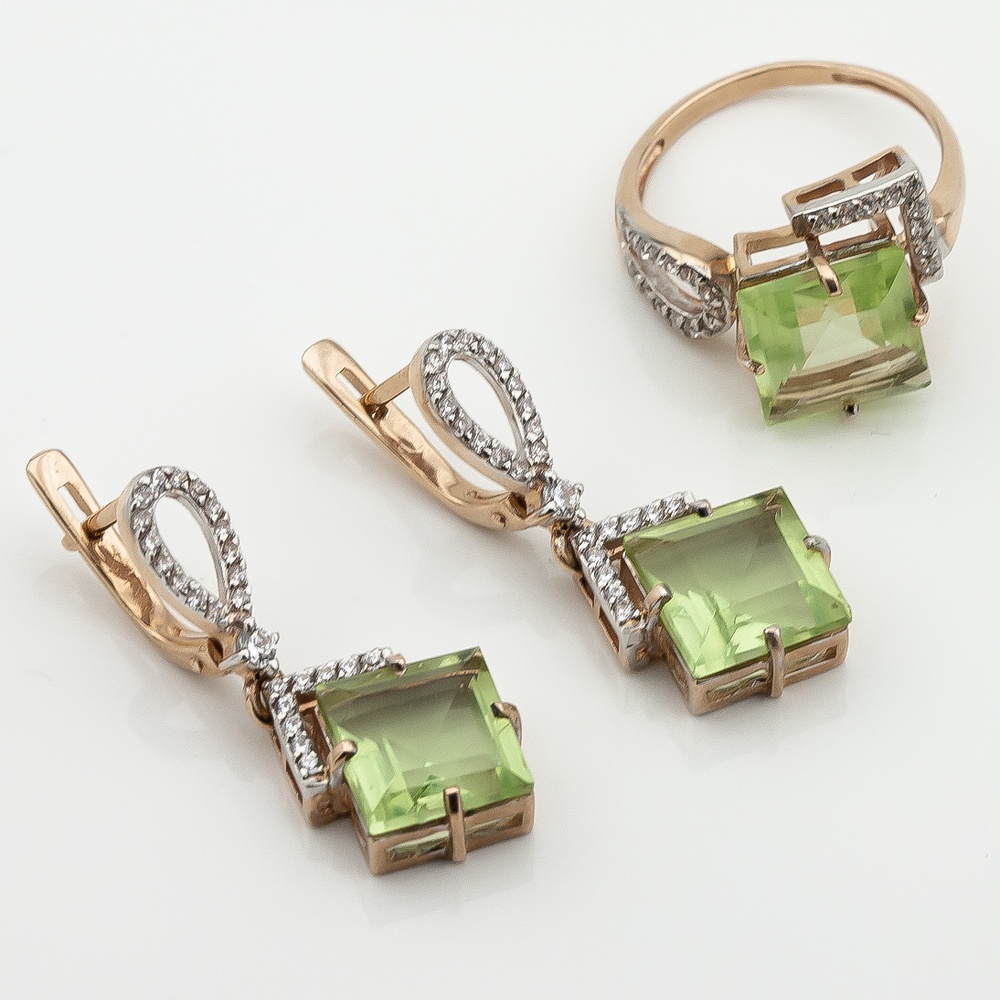 Золоті сережки-підвіски Ромбики з синт. зеленим кварцом і фіанітами 12950gq