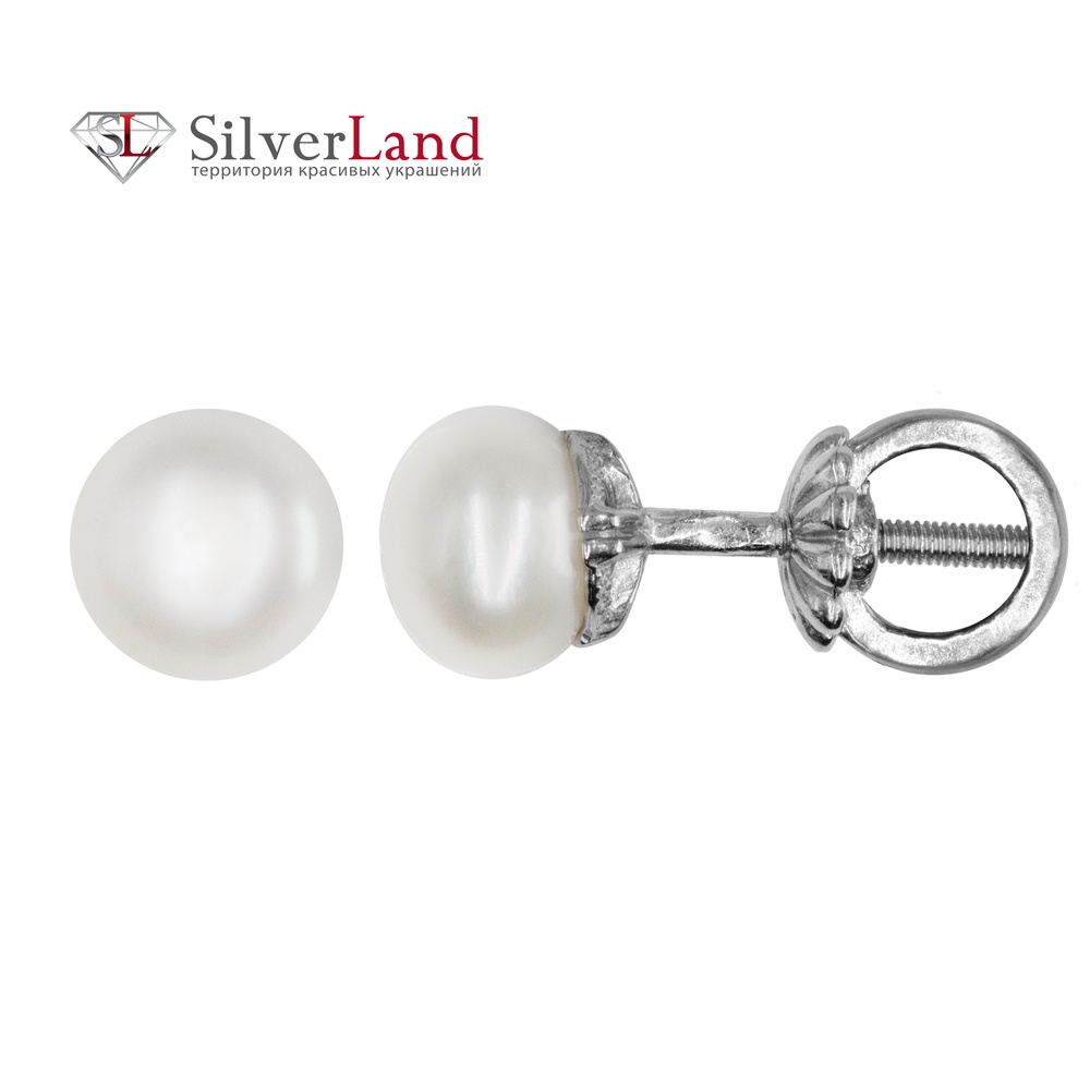 Срібні сережки-гвоздики (пусети) з перлами Арт. 923502, Білий