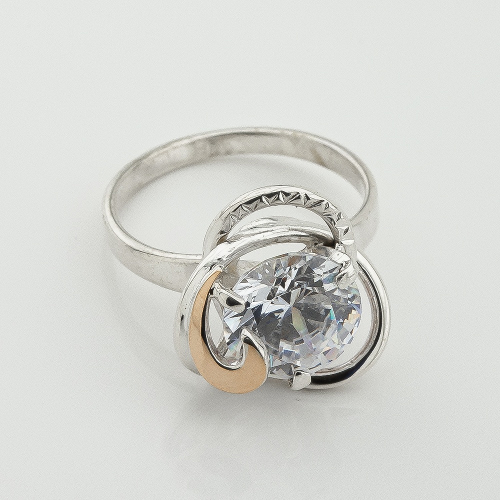 Серебряное кольцо с фианитом с золотыми накладками к434ф, 18 размер