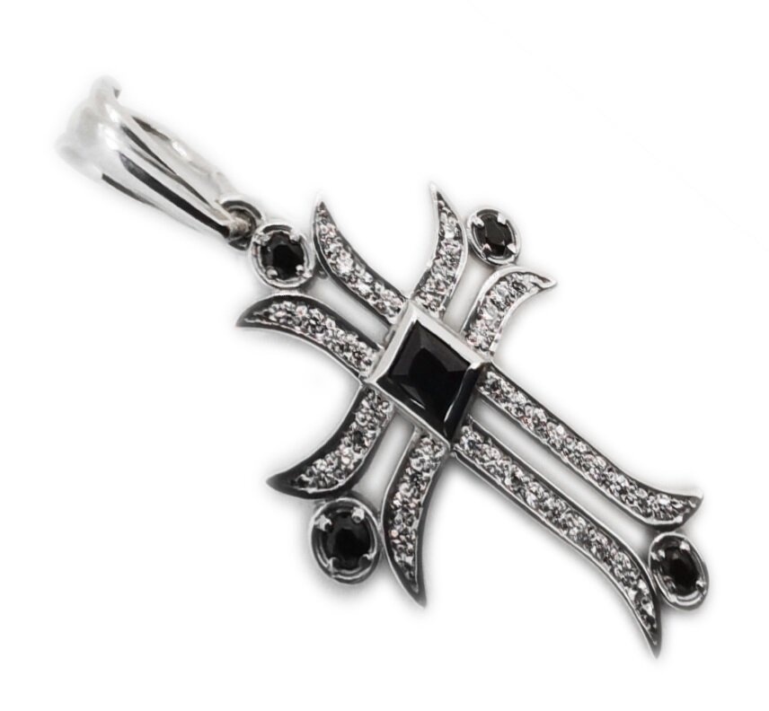 Декоративний срібний Хрест 16 фігурний з чорними та білими фіанітами 2044-IDE, Чорний|Білий