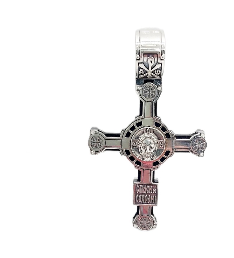 Дерев'яний Хрест 51 Розп'яття Христа (Спаси та Збережи) зі сріблом чорнінням (ебенове дерево) 4039-IDE, Чорний