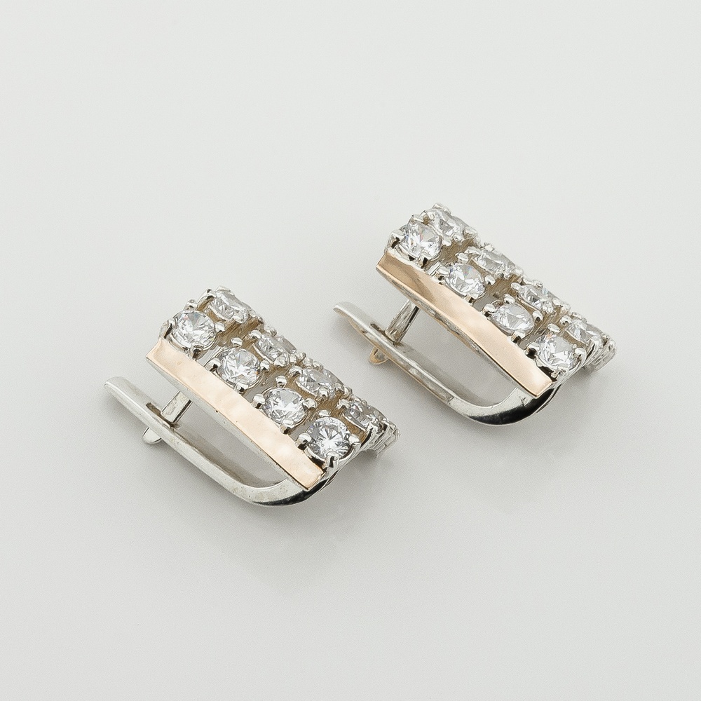 Срібні сережки Квадрати з фіанітами із золотими накладками с781ф