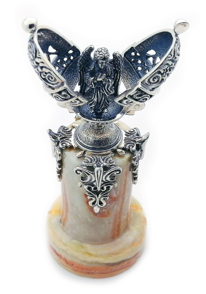 Серебряное Пасхальное яйцо Ангел Хранитель на подставке из мраморного оникса 1026-IDE