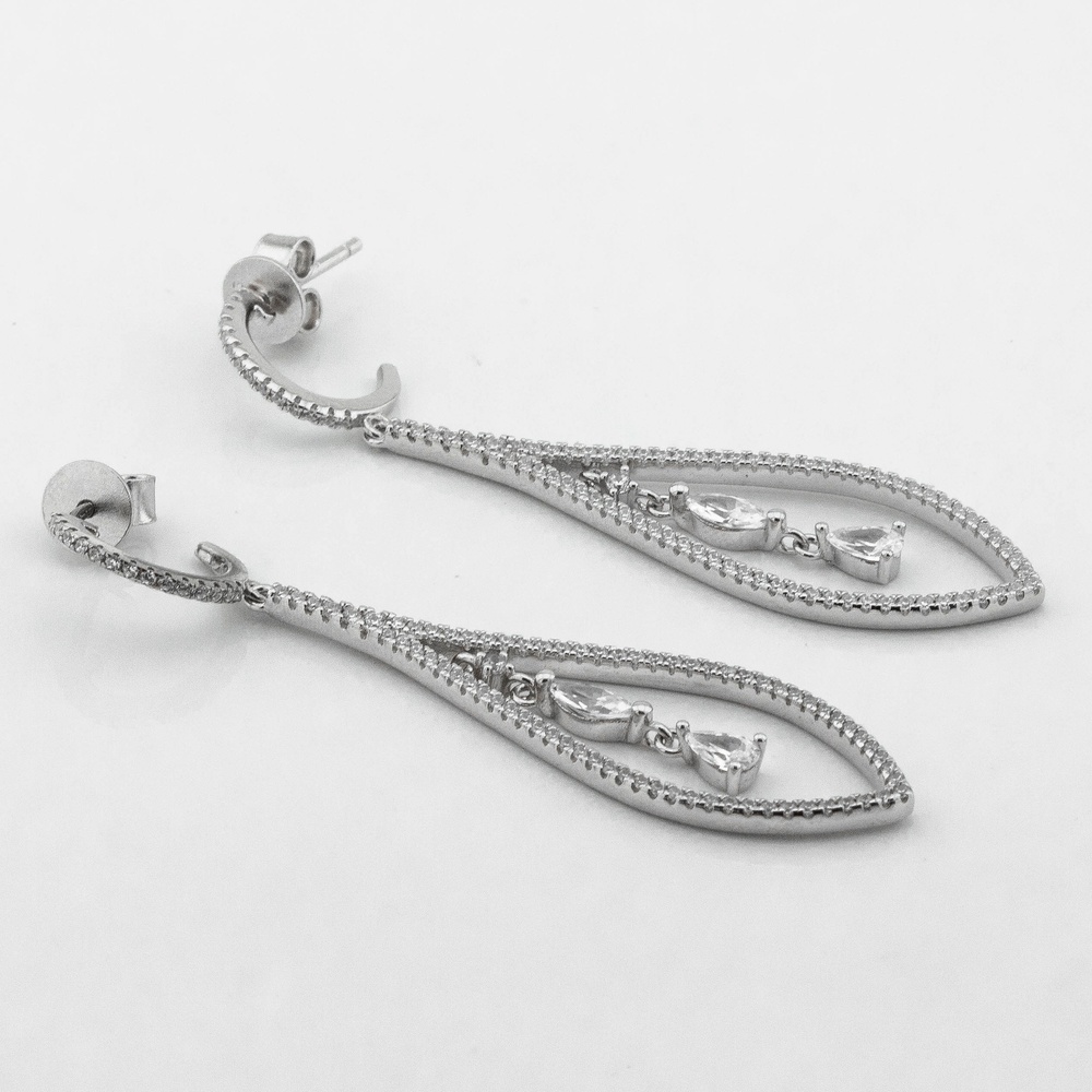 Серебряные серьги-висюльки Капли длинные с белыми фианитами c121698, Белый