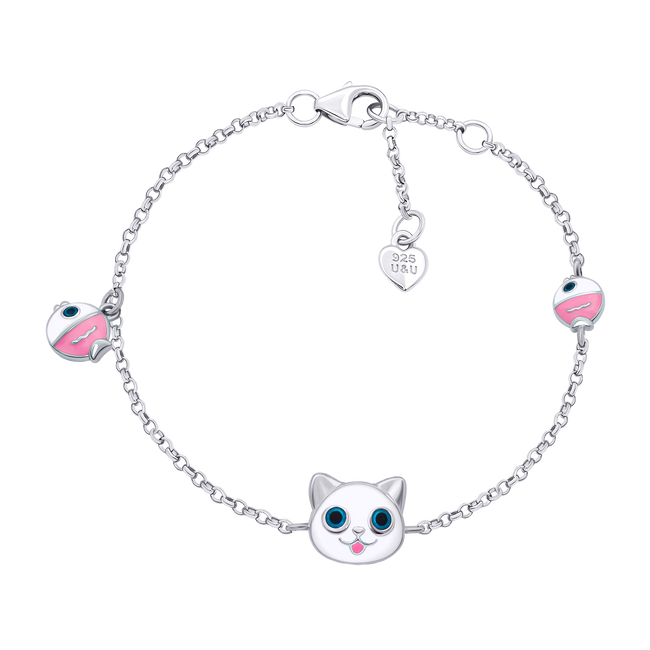 Дитячий браслет на ланцюжку Котик з рибкою із білою та рожевою емаллю 4195709096241201, Білий|Рожевий, UmaUmi Zoo