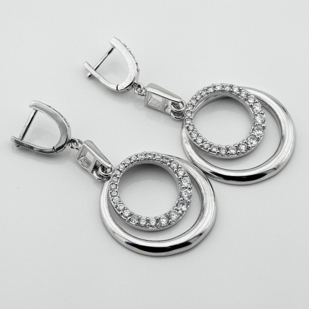 Серебряные серьги-висюльки Два кольца с фианитами C12539