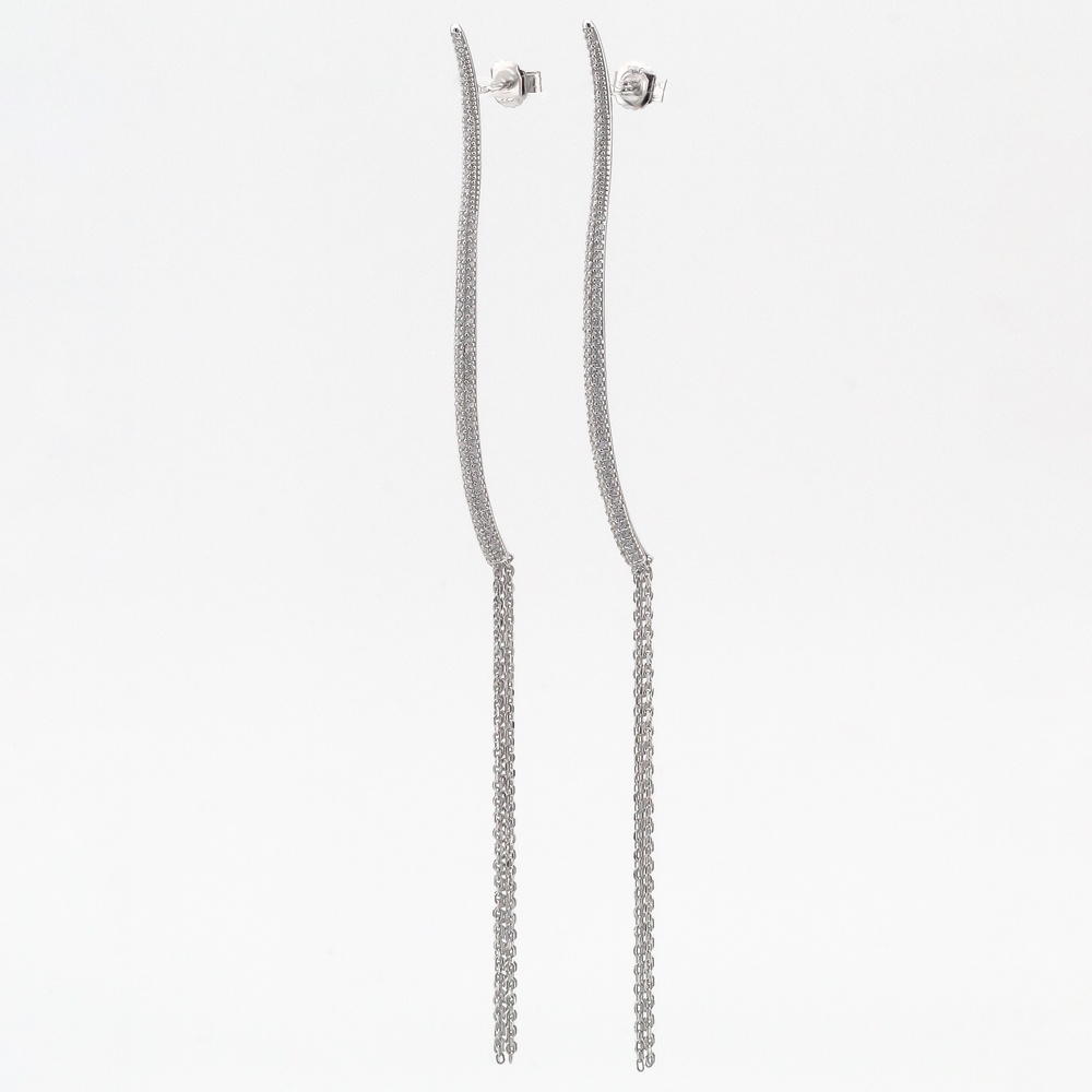 Длинные серебряные серьги тонкие Дуга с цепями с фианитами C121380, Белый