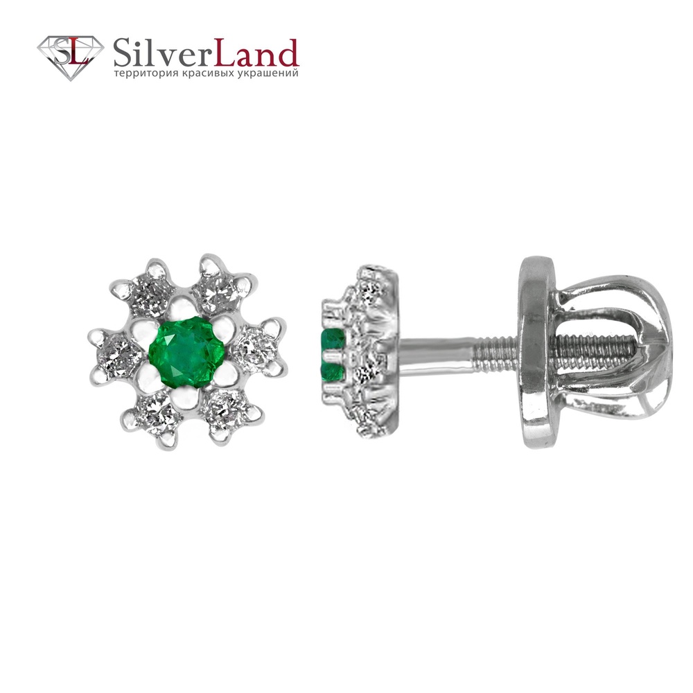 Золоті сережки-гвоздики (пусети) зі смарагдом та діамантами у формі квітки Арт. ПС-1 та, Зелений|Білий