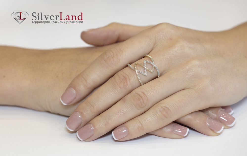 Широкое фигуристое кольцо с бриллиантами из желтого золота Арт. ES56375, Белый