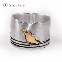 Широкое серебряное кольцо "EJ Birds" с золотыми вставками в виде птиц и гравировкой Арт. 1002/EJ
