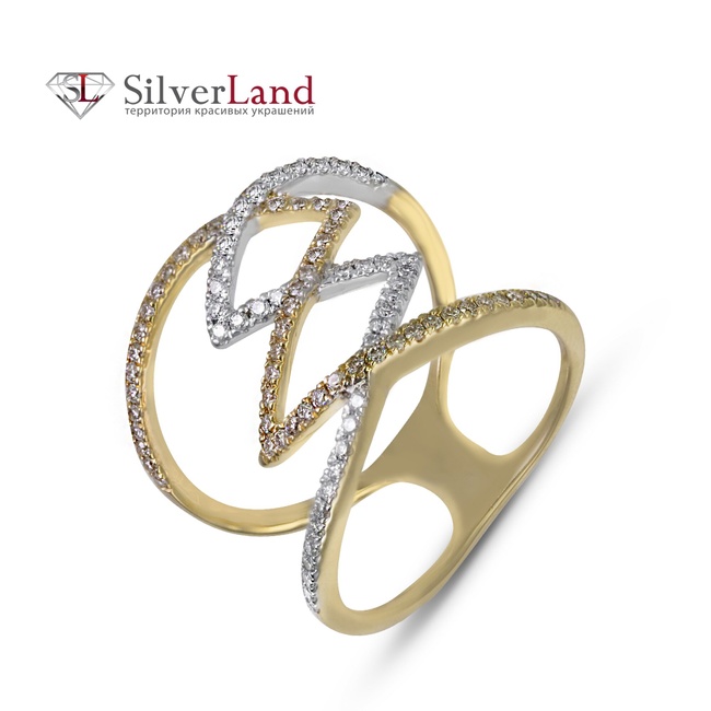 Широкое фигуристое кольцо с бриллиантами из желтого золота Арт. ES56375, Белый