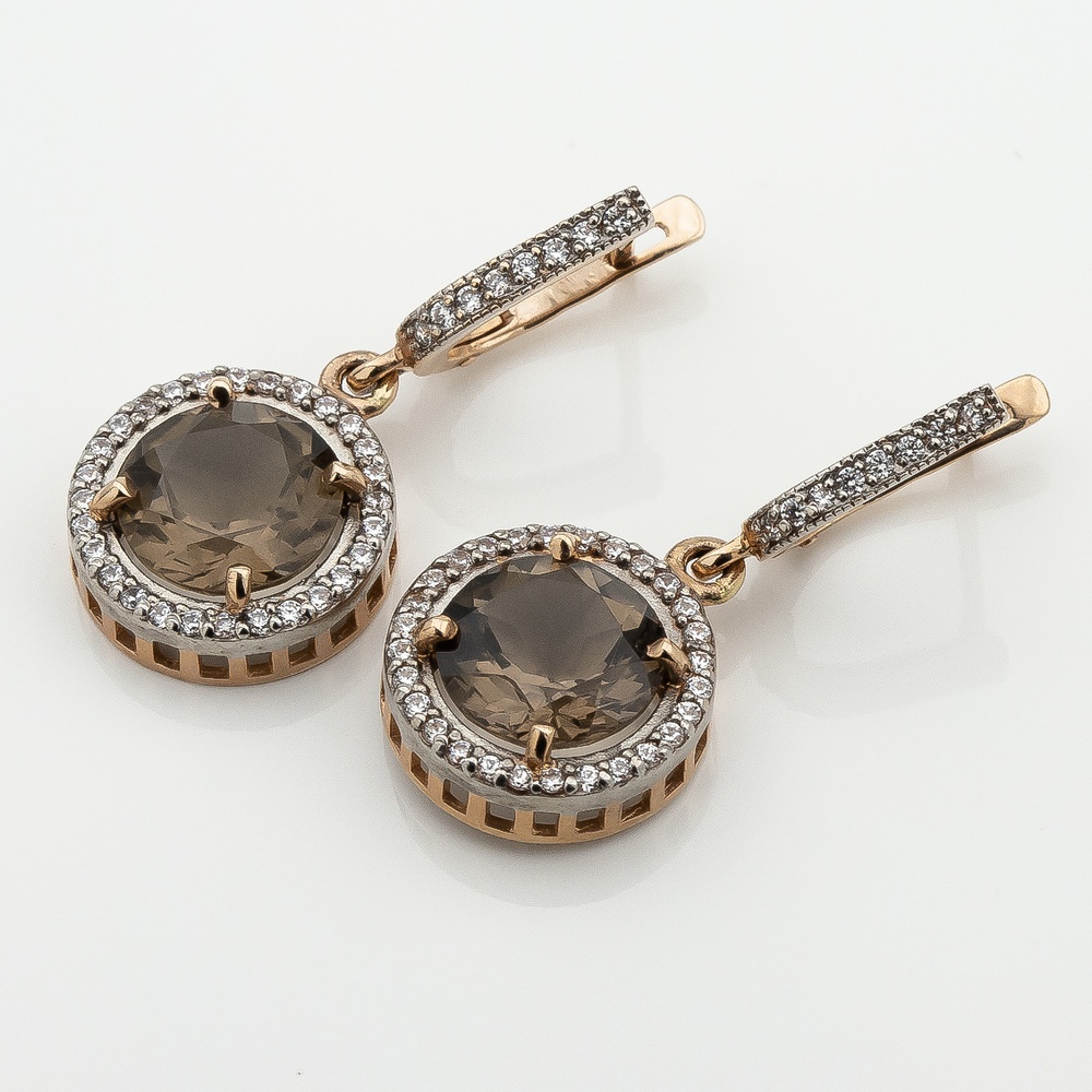 Золоті сережки-підвіски Кружечки з димчастим кварцом і фіанітами 12919sq