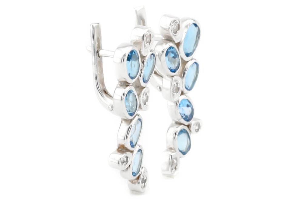 Срібні сережки Гроно з блакитними топазами білими фіанітами 12011, Блакитний|Білий