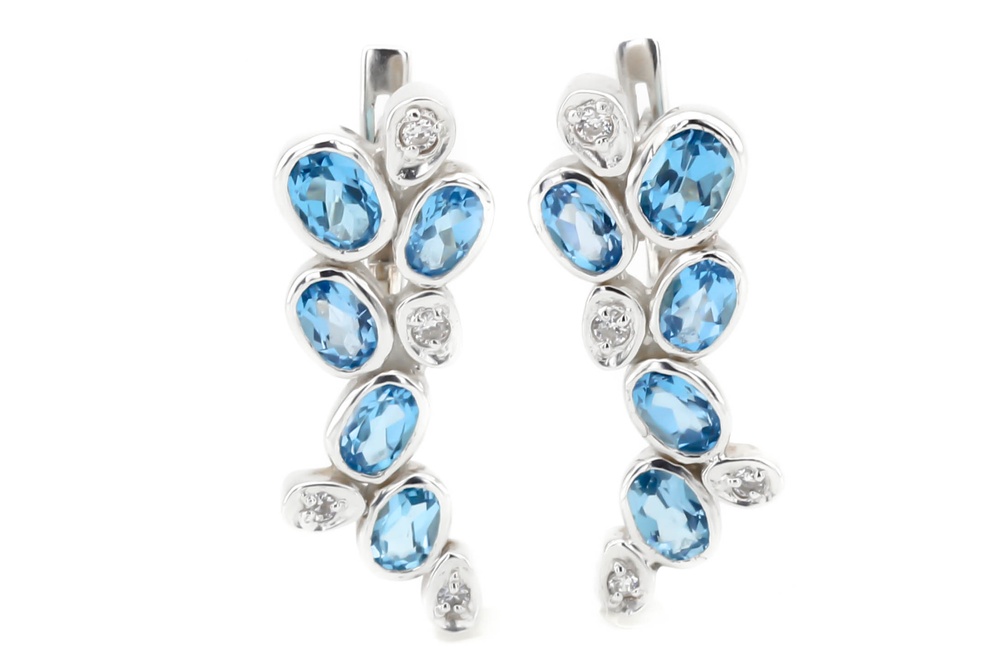 Срібні сережки Гроно з блакитними топазами білими фіанітами 12011, Блакитний|Білий