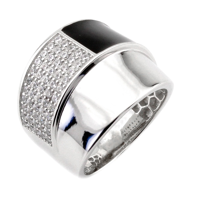 Широкое серебряное кольцо с черной эмалью и фианитами K11894, 17,5 размер