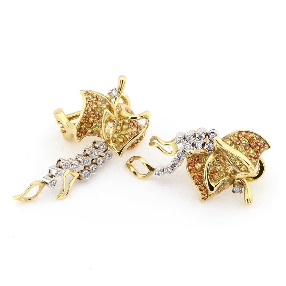 Золоті сережки з жовтим сапфіром та діамантами з італійською застібкою 12081б, Жовтий|Білий