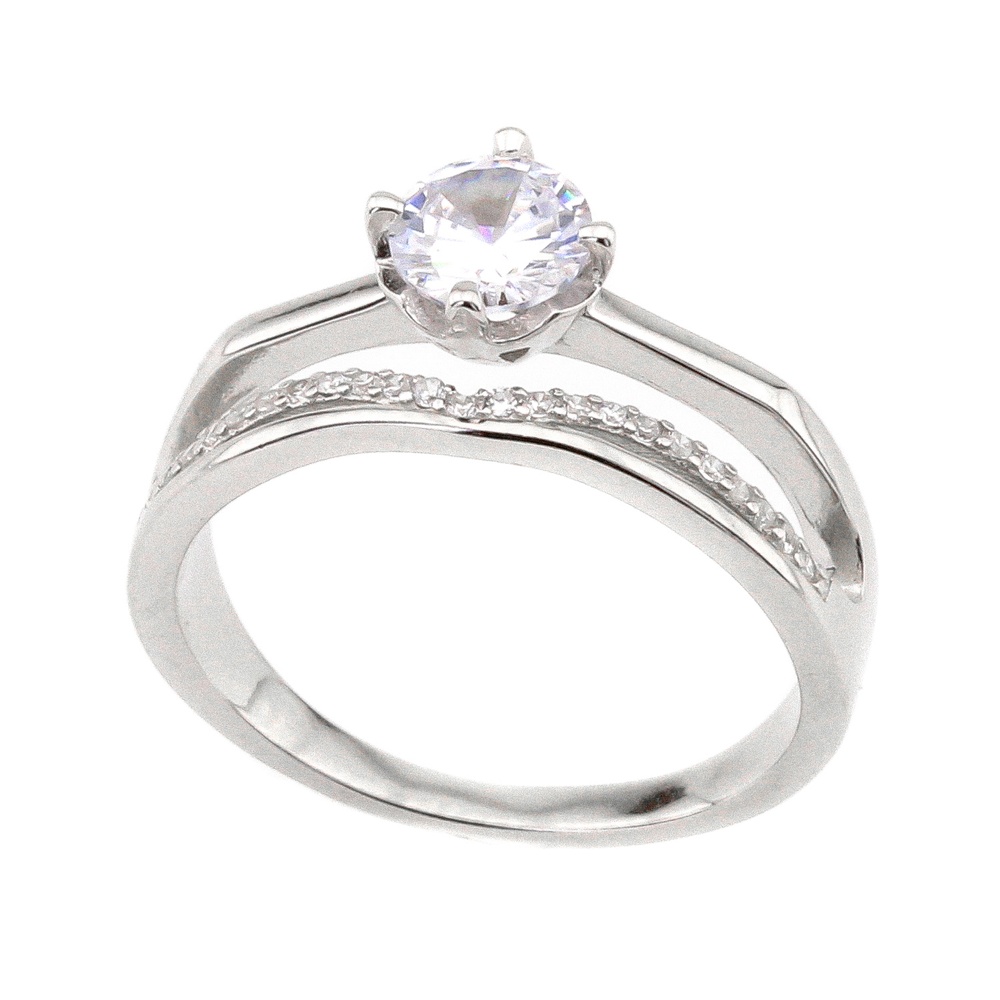 Двойное серебряное кольцо широкое с выступающим камнем дорожкой с фианитами K11747, 18,5 размер, 18-5, Белый