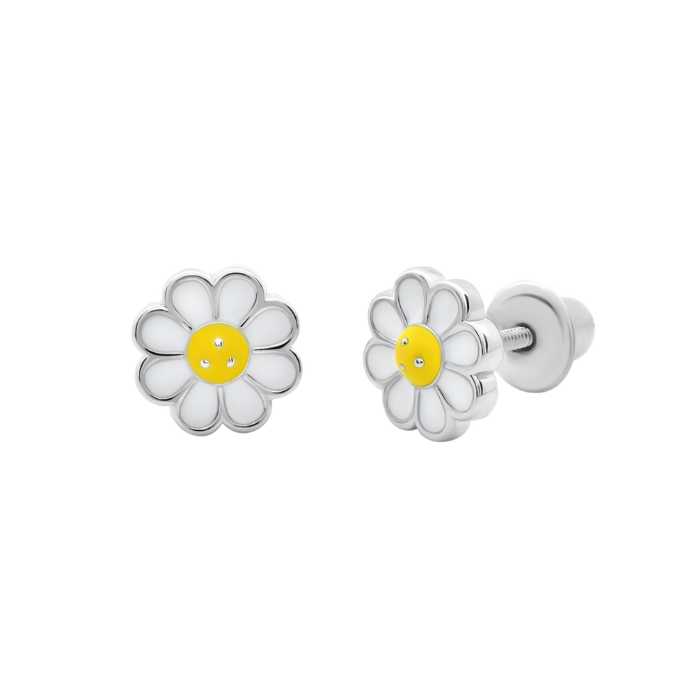 Дитячі сережки пусети в формі квітів Ромашки біло-жовті з емаллю срібло 925 Арт. 5599uup