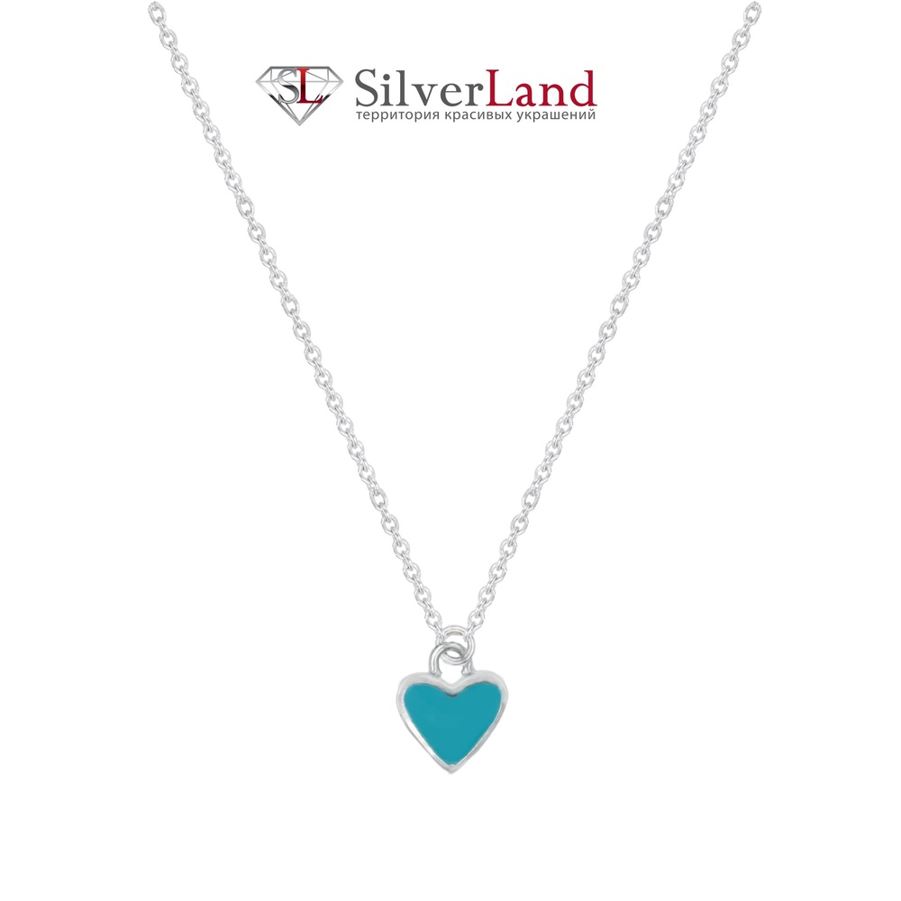 Срібний ланцюжок-кольє "Серце" з емаллю кольору Тіффані Арт. Mkc293, Блакитний "Колір Тіффані"
