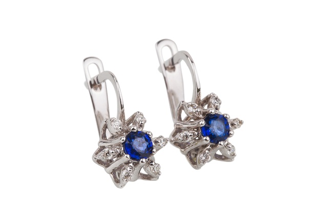 Класичні сережки з сапфірами та діамантами квіткою EO08769, Синій|Білий