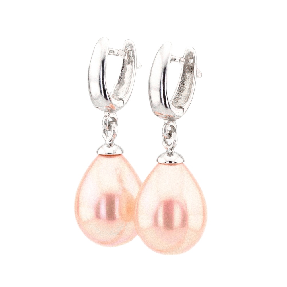 Срібні сережки-підвіски краплі з рожевим перлами 12035-2, Рожевий