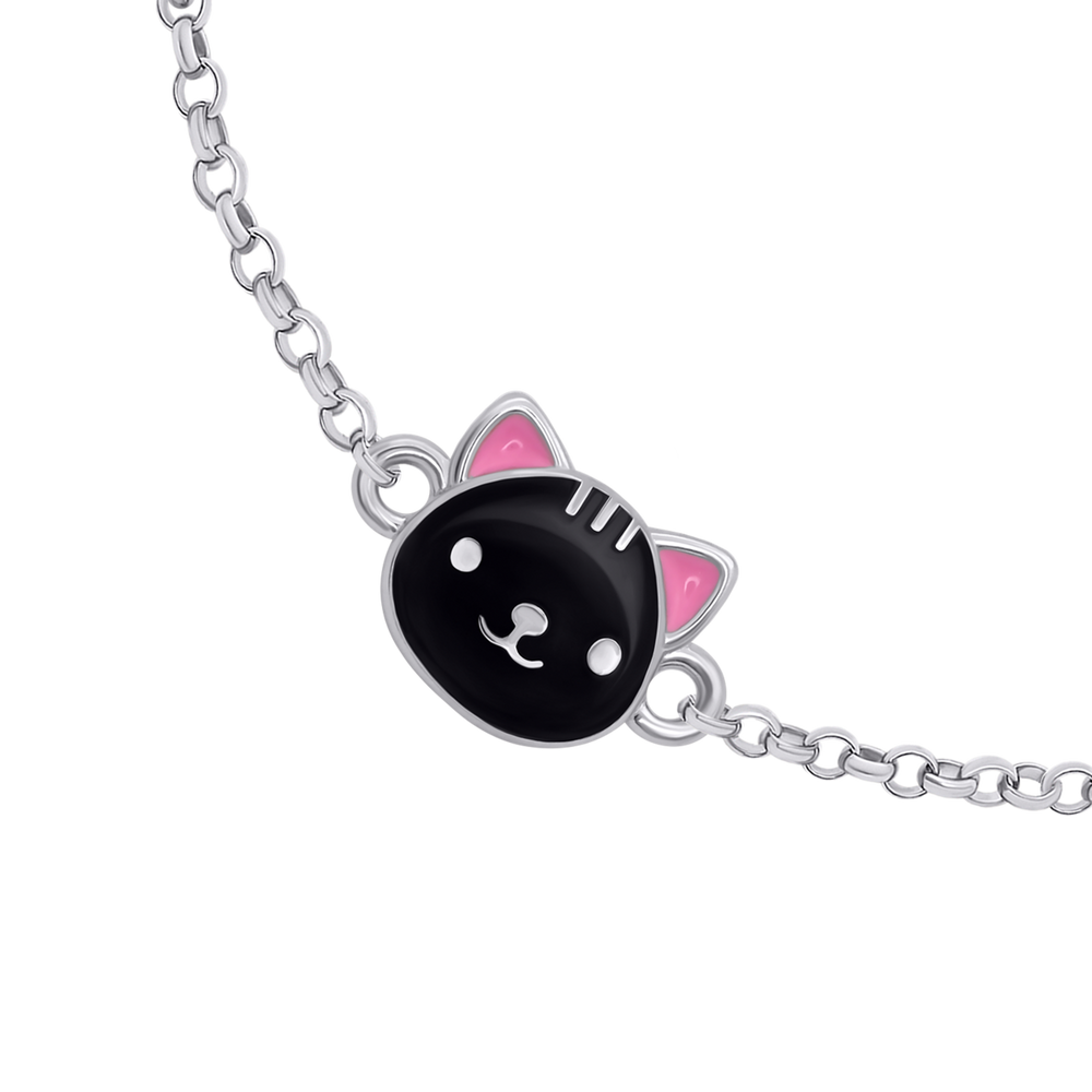 Детский браслет на цепочке Котик с лапкой с черной и розовой эмалью голубой 4195593096141201, Черный, UmaUmi Pets
