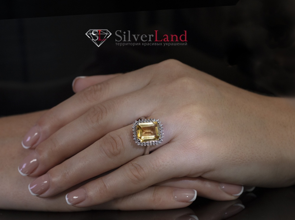 Кольцо с цитрином и бриллиантами из белого золота 585 Арт. ГК-1028, Желтый