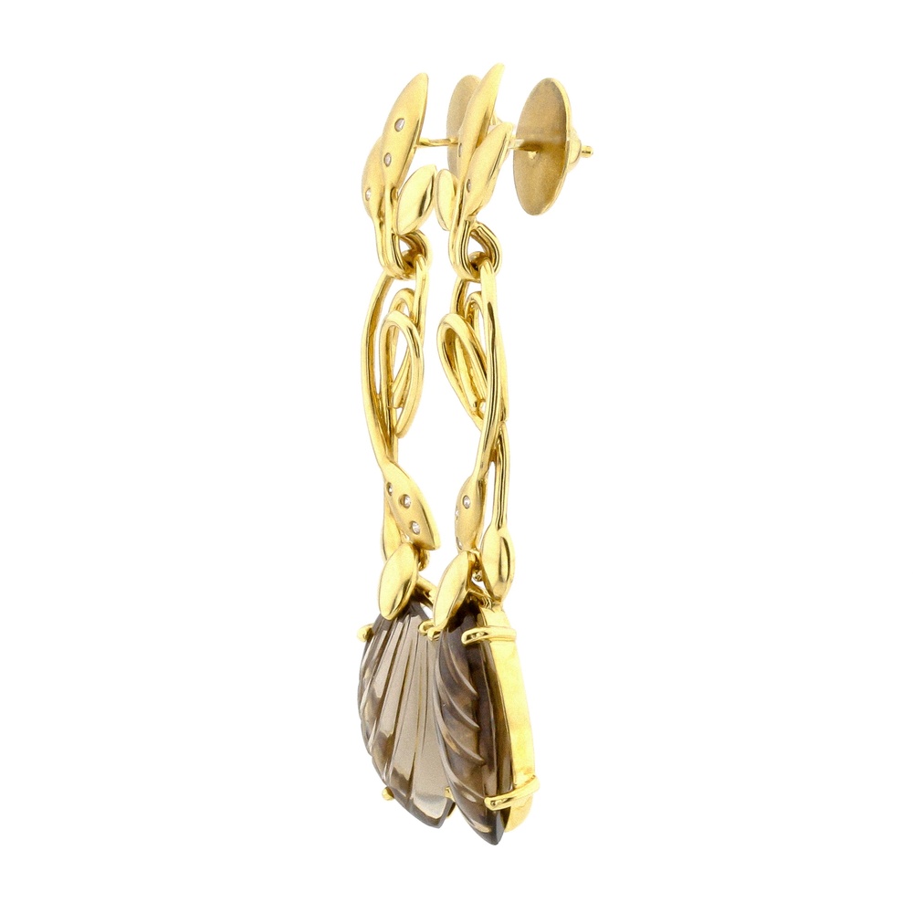 Золоті сережки-підвіски фігурні з димчастим кварцом маркіз та діамантами 12303diasq, Коричневий