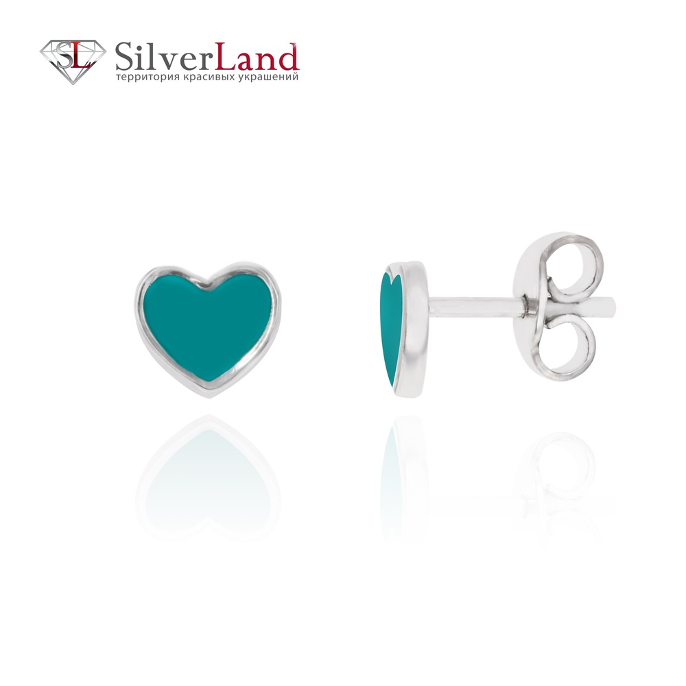Срібні сережки-гвоздики пусети в формі Серця з емаллю кольору Тіффані Арт. Msp334, Блакитний "Колір Тіффані"