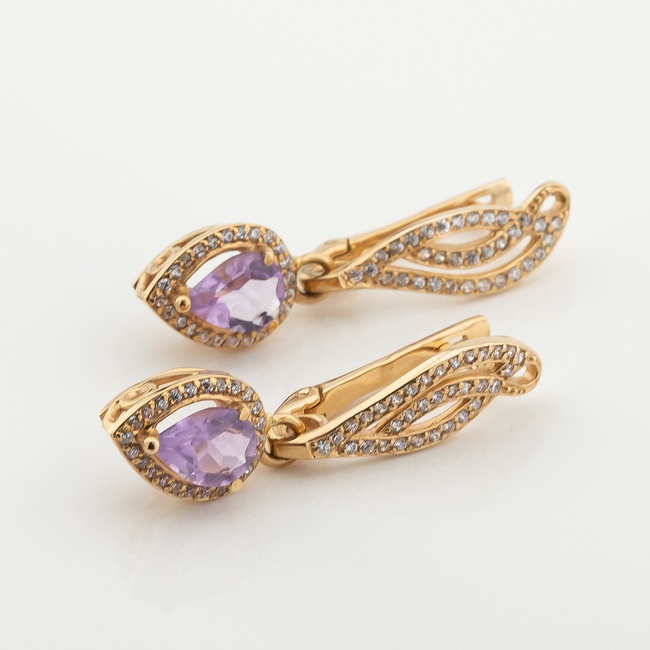 Золоті сережки фігурні Краплі з аметистом та фіанітами 14509am, Фіолетовий