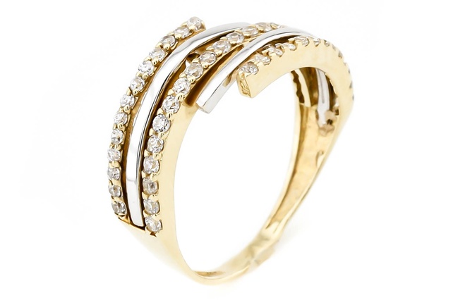Золотое кольцо желтое с фианитами три дорожки КК11340, 18 размер, 18, Белый