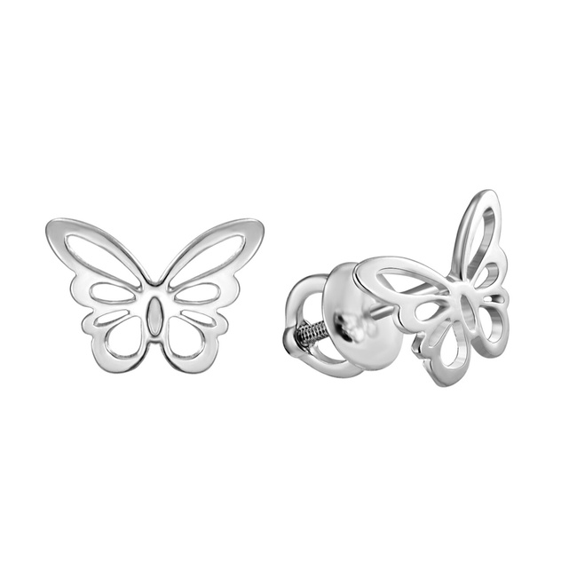 Срібні сережки-пусети Метелики без вставок родовані 923208-H