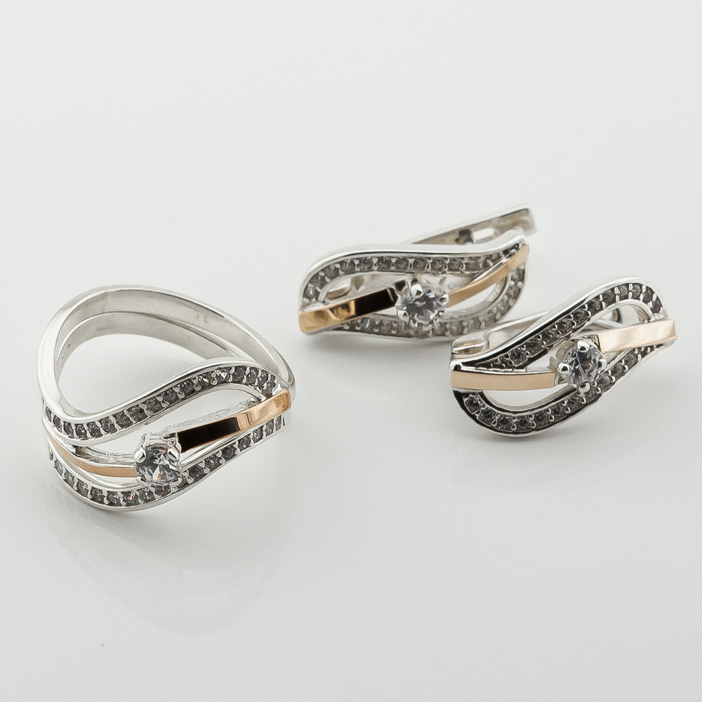 Двойное серебряное кольцо с фианитами с золотыми накладками к761ф, 18,5 размер