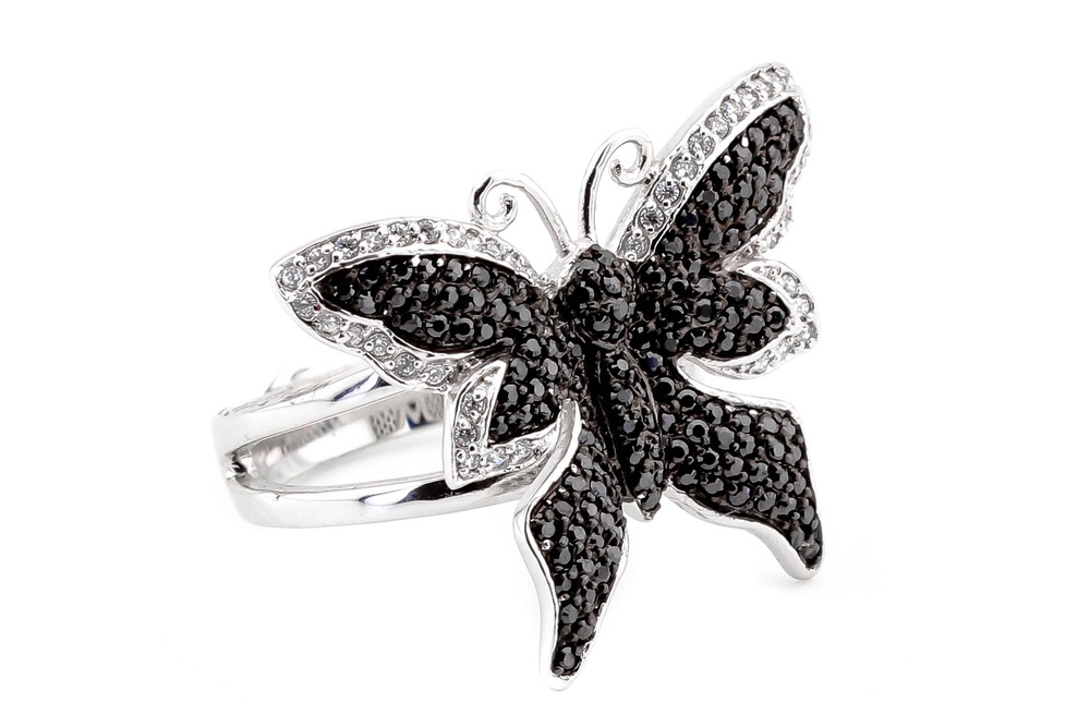 Срібний перстень "Метелик" з чорними фіанітами СК11148, 18 розмір, 18, Білий|Чорний