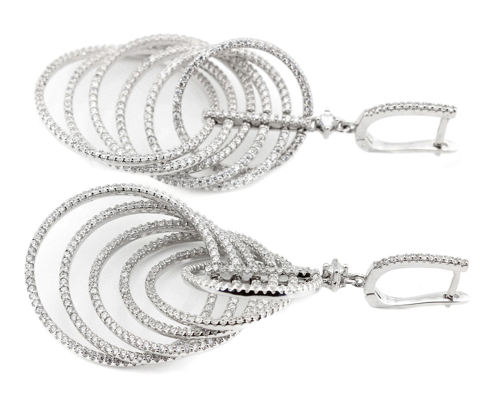 Срібні сережки висячі з кільцями з фіанітами СС12053, Білий