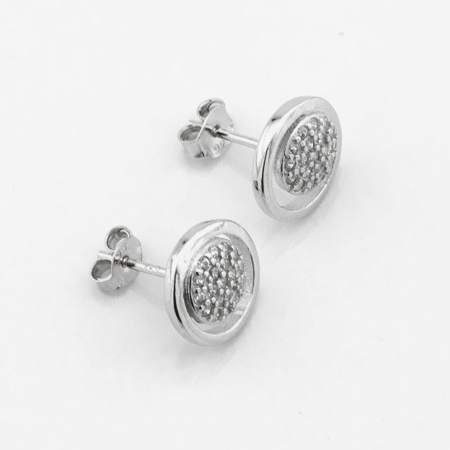 Серебряные сережки-пусеты Круги с белыми фианитами c121574, Белый