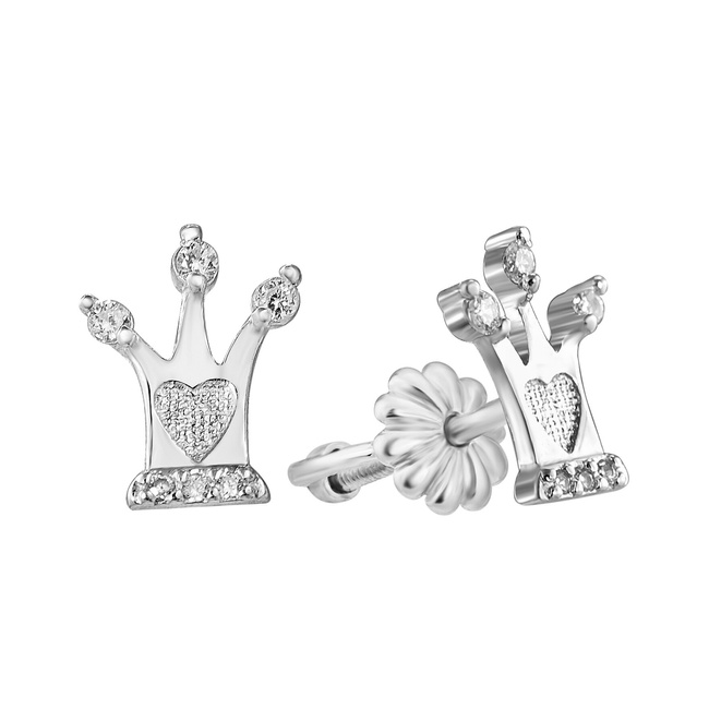 Серебряные серьги-гвоздики (пусеты) Корона с сердцем с белыми фианитами 923216-H, Белый