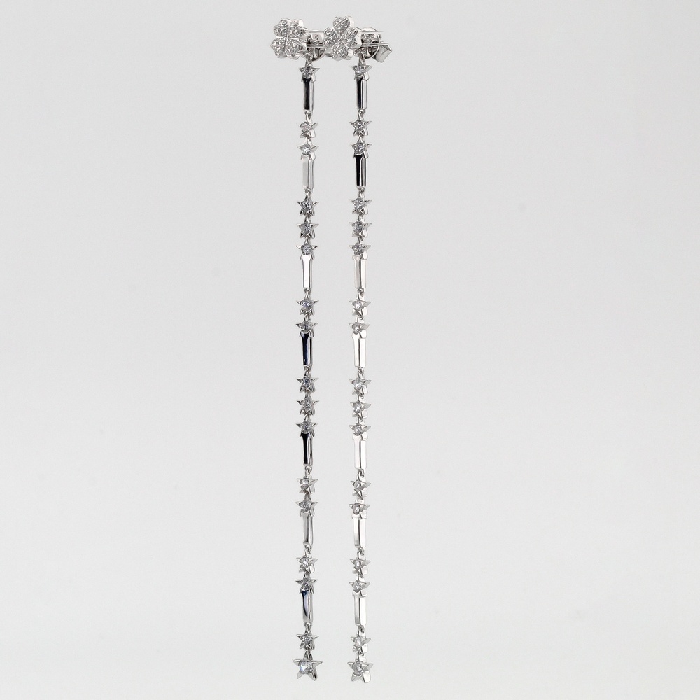 Серебряные пусеты Клевер с фианитами с длинной съёмной тонкой подвеской C121313, Белый