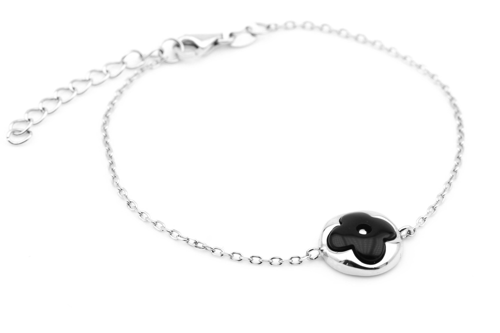 Срібний браслет-ланцюг "Конюшина" з перламутром СВ15025, Чорний