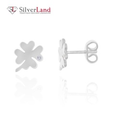 Срібні сережки- пусети гвоздики "Клевер" з білим фіанітом родованим Арт. msp008-sl, Білий
