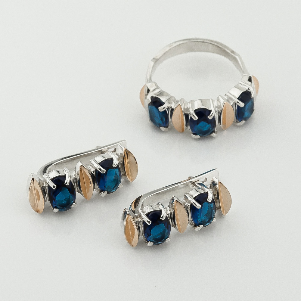 Серебряные серьги с синими фианитами с золотыми накладками с281гл