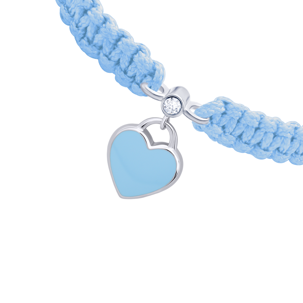 Плетений браслет на блакитному шнурку Серце з блакитною емаллю зі сріблом Арт. 4195548006040404
