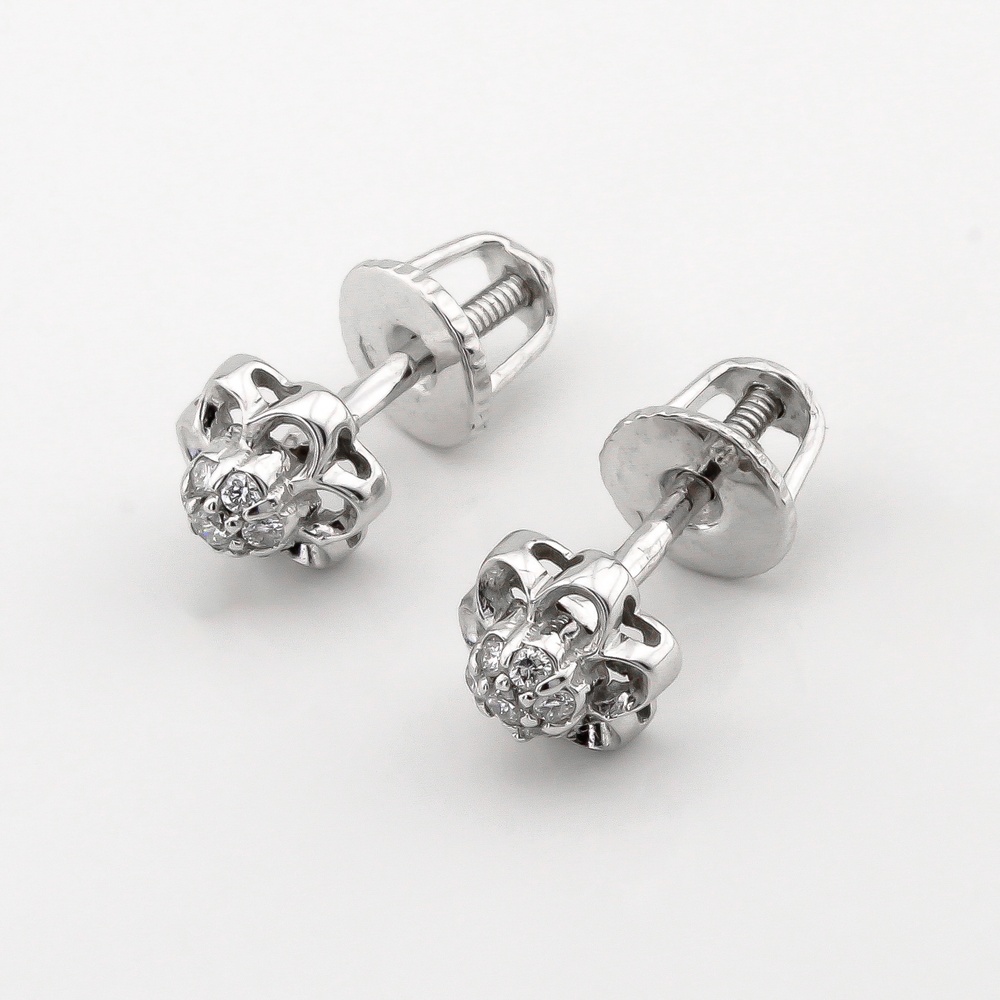Сережки-пусети з закруткою Квіти з діамантами в білому золоті ЕО04677, Білий