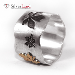 Серебряное широкое кольцо с золотыми вставками "EJ Leaf fall" в виде каштановых и кленовых листьев Арт. 1011/EJ