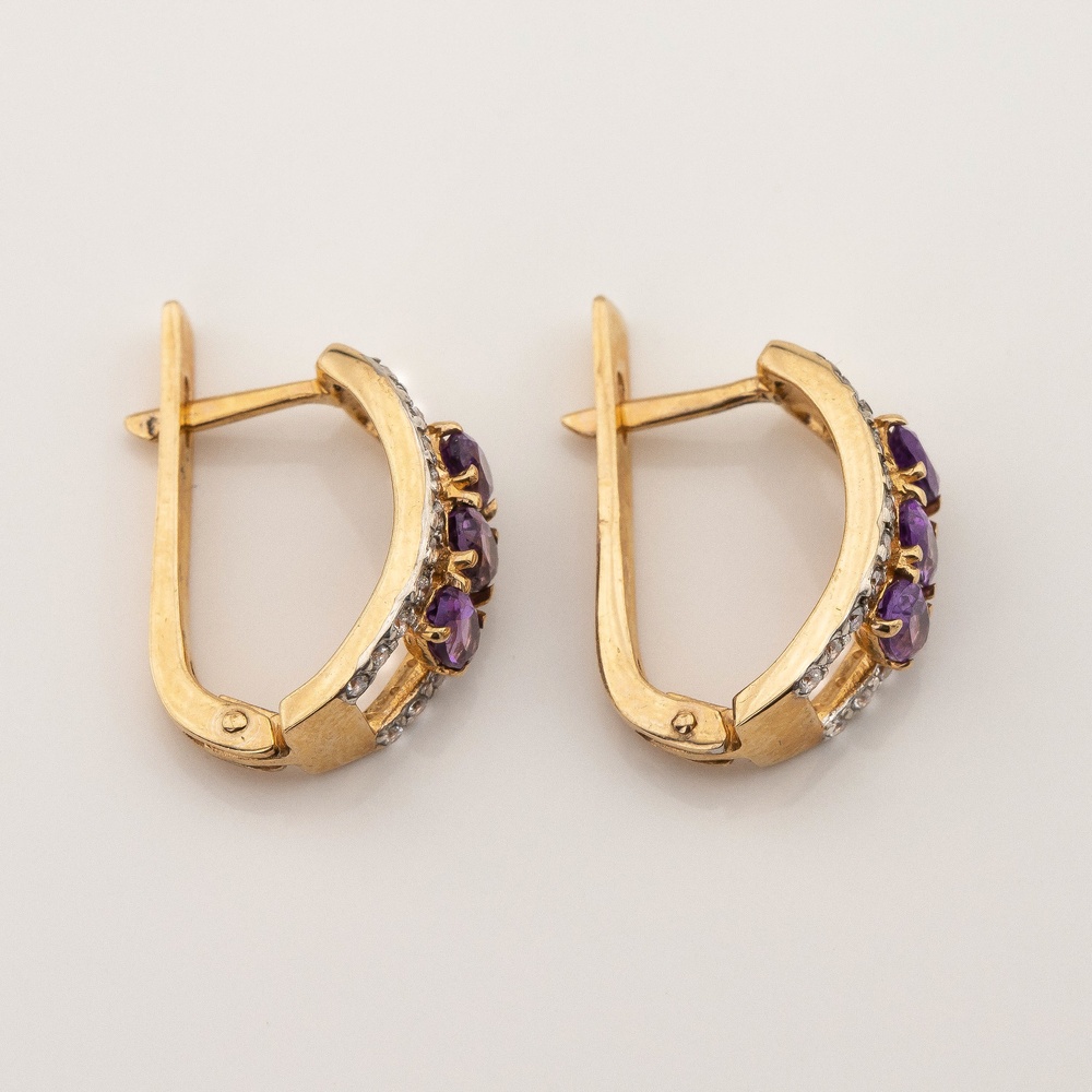 Золоті сережки з аметистами та фіанітами з англійським замком 12978am, Фіолетовий