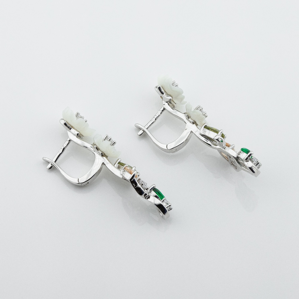Срібні сережки висячі Квіти кольорові з перламутром і фіанітами c121781